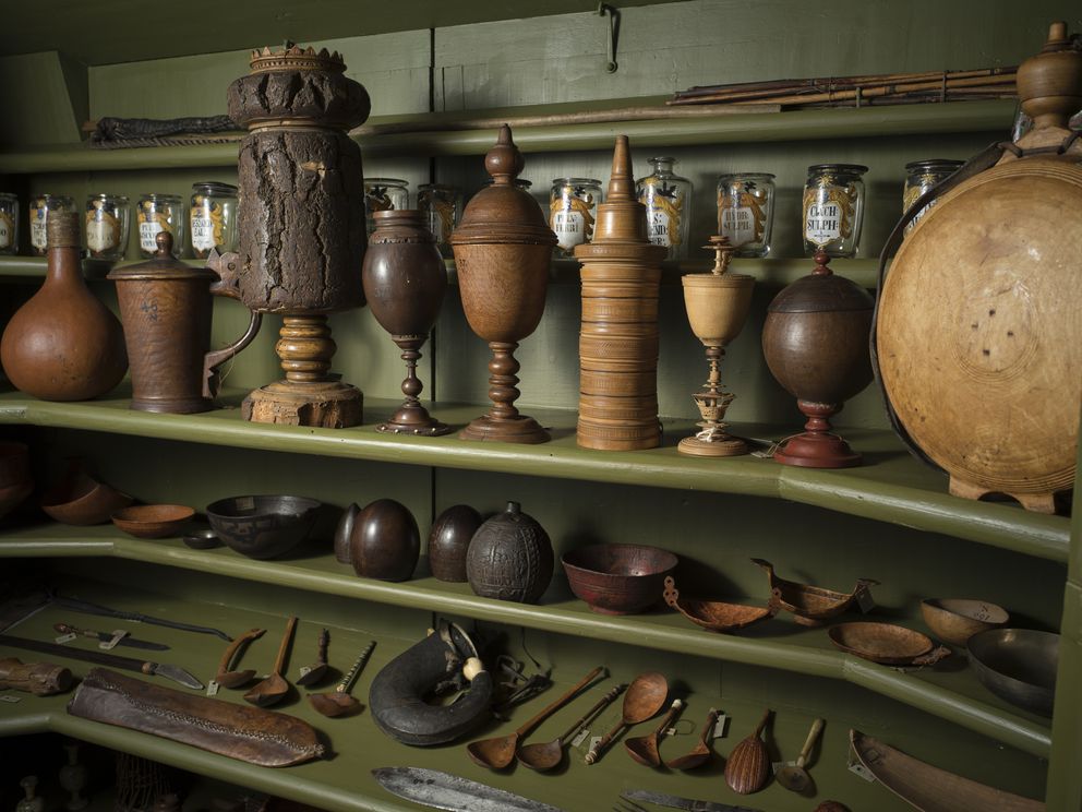 Es sind Objekte in einem Schrank in der Kunst- und Naturalienkammer zu sehen.