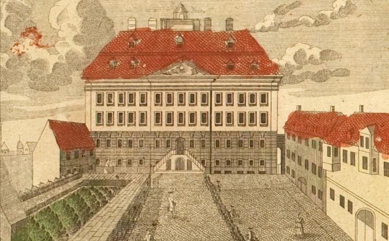 An old colored copper engraving depicting the orphanage building with people in the foreground, showing a historic city scene