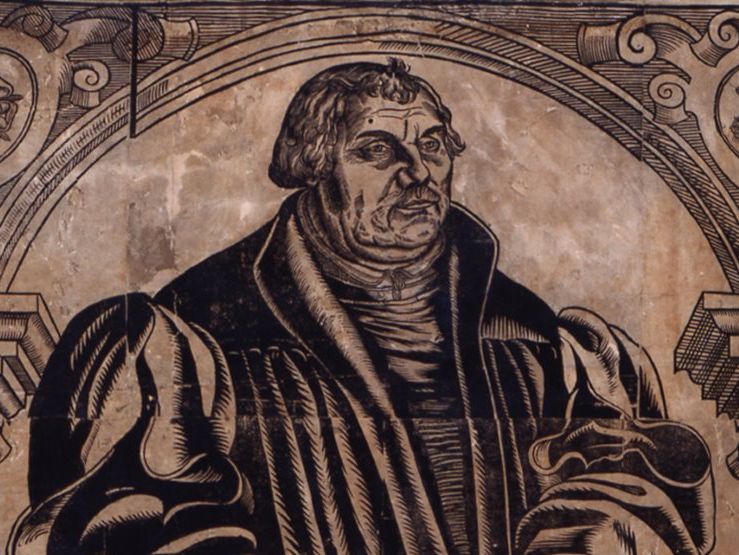 Close-up of a woodcut depicting Martin Luther from the Cranach Workshop, part of the collection of the Cabinet of Artefacts and Natural Curiosities.