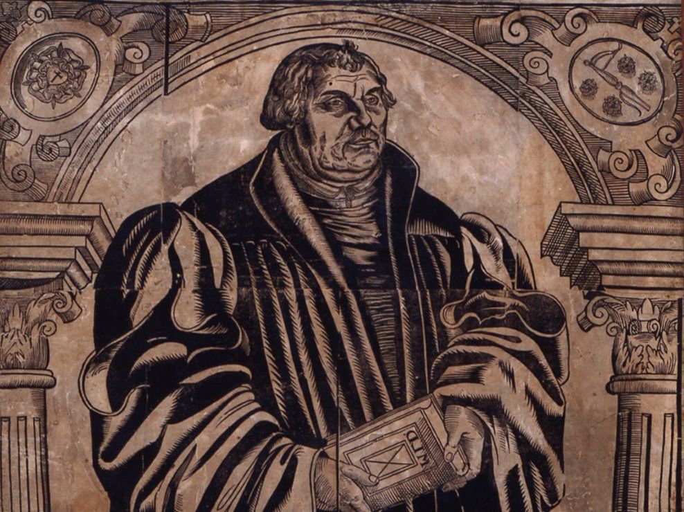 Detailansicht eines Holzschnitts von Martin Luther aus der Cranach-Werkstatt, Teil der Sammlung der Kunst- und Naturalienkammer.