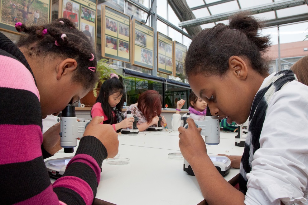 Zwei Mädchen untersuchen eine Probe mit einem Mikroskop und entdecken neugierig die Details der Naturwissenschaft